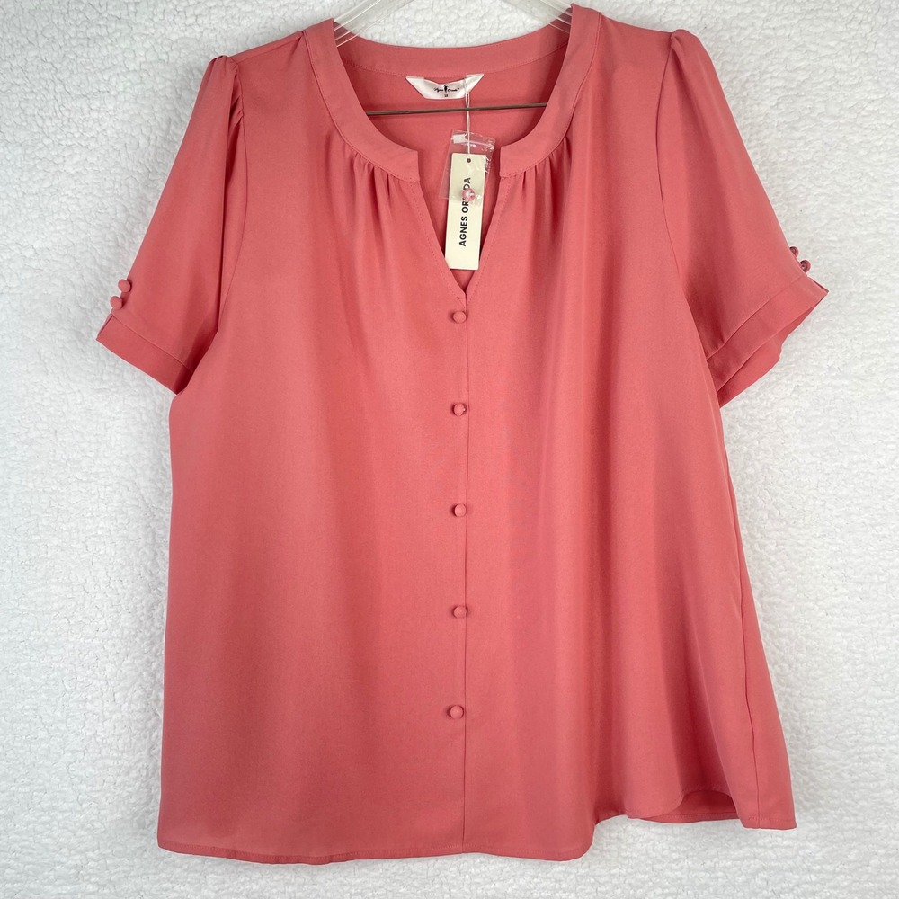 Agnes Orinda Womens 1X Coral Split Neck Button Front Short Sleeve Blouse NEW